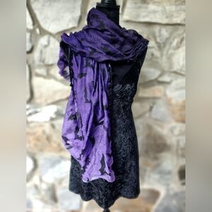Black & Purple Ombre Halloween Scarf With Black Pom Pom Trim + Black Bats Print